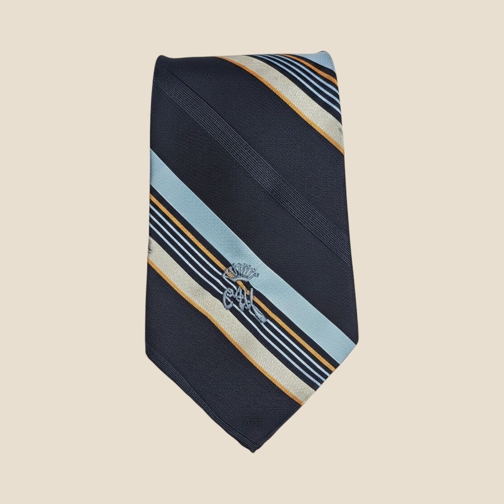 Vintage Necktie Countess Mara Navy Blue Silk Striped Embroidered Crest